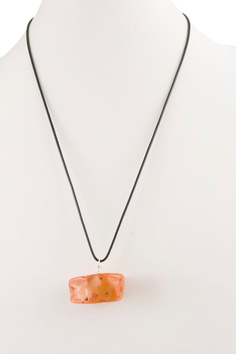 Natural Raw Coral Pendant with Leather Cord Necklace