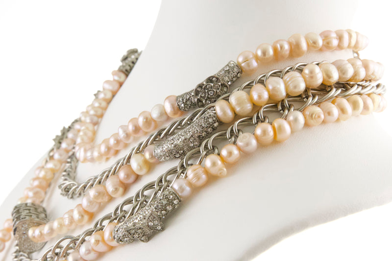 peach-fresh-water-pearls-silver-layered-chain-necklace-set